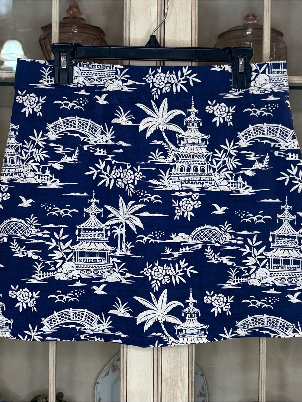 J. McLaughlin Navy and White Scenic A-Line Skort with Pagoda Print
